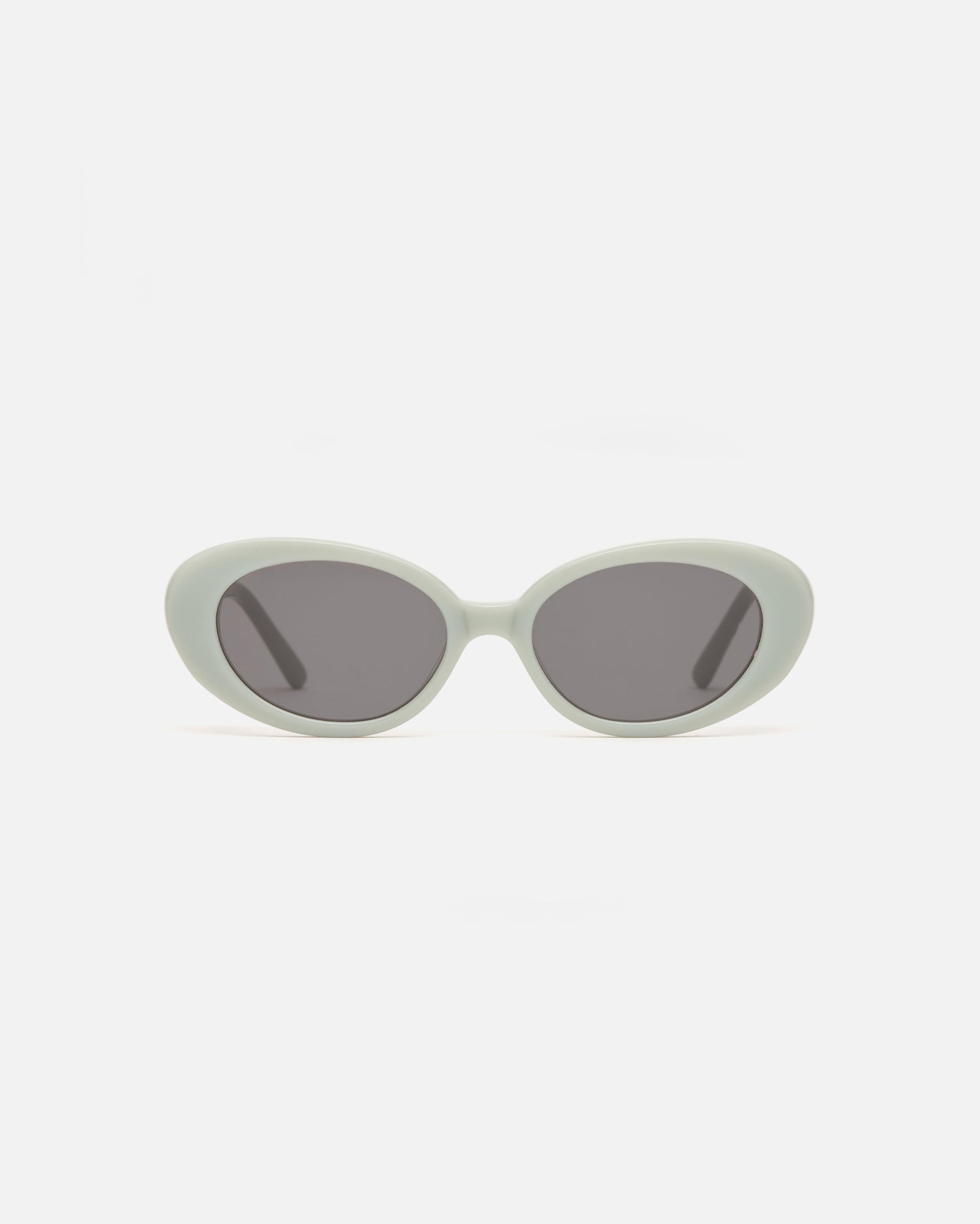 Lu Goldie Jeanne round Sunglasses in sage blue acetate with black lenses, front image